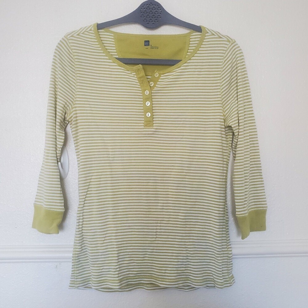 Gap Henley Long Sleeve Top Green Striped Womens Sz M Stretch Lightweight